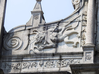 Macau, Island of Macau, China - September 13 2019: detail of the  St. Paul`s Cathedral ruins 