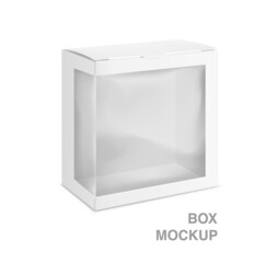 Universal mockup of blank cardboard box with transparent window. Vector illustration isolated on white background, ready and simple to use for your design. EPS 10