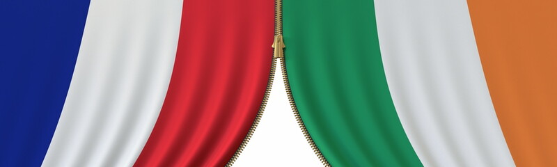 France and Ireland political cooperation or conflict, flags and closing or opening zipper, conceptual 3D rendering