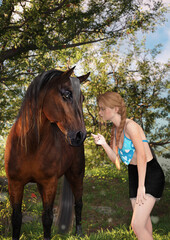 A 3d digital rendering of a teenage girl with casual summer clothes and a bay horse in a pasture.