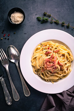 Tagliatelle Carbonara On Black Background