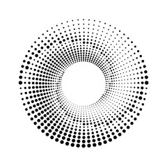 Halftone dotted shape in circle form. Dotted design element for border frame, round logo, tattoo, sign, symbol, web pages, prints, emblems, badges, template, pattern and abstract background