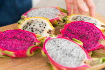Fresh ripe organic dragon fruit or pitaya, pitahaya. Exotic fruits, healthy eating concept