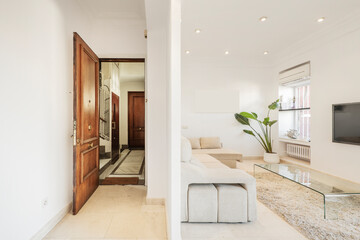 Entrance to a house with a thin wall that separates the hall from a living room with a TV and a methacrylate table