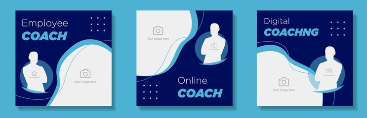 Employee coach social media post, banner set, online coaching advertisement concept, job support marketing square ad, abstract print, isolated on background