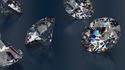 Shiny Diamonds on deep blue surface background. Concept image of luxury living, expensive things and high added value. 3D CG. High resolution.