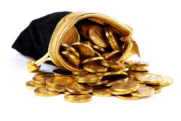 A bag with gold coins isolated on a white background. The money in a black bag. Treasure Hunt. A...