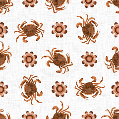  Colorful cute under the sea swimming crab animal. Childish screen print effect. Playful summer beach vacation kid illustration background. Whimsical scandi seafood riso block prints seamless design.