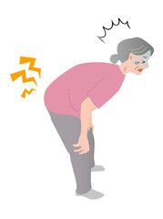 円背で姿勢不良な高齢者が腰痛、ぎっくり腰、痛みを発症したイラスト