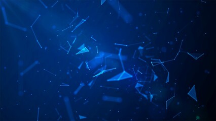 Abstract neon background. Design of glass fragments. Texture of geometric shapes, triangles, lines, points. Chaotic particles. Explosion of the universe. Outer space. Poster for technology, business.
