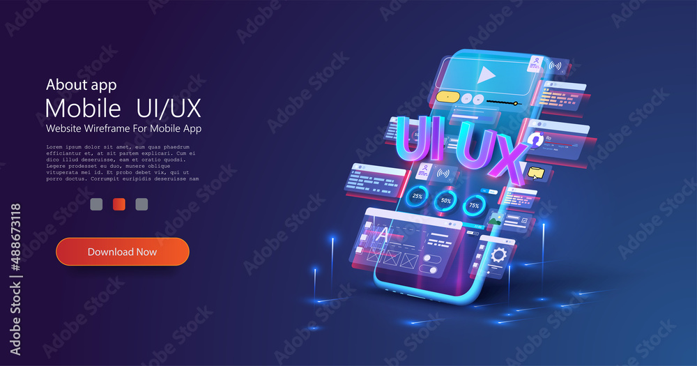 Poster designer, creator of an individual design of user interface scenes for a mobile ui,ux application. b