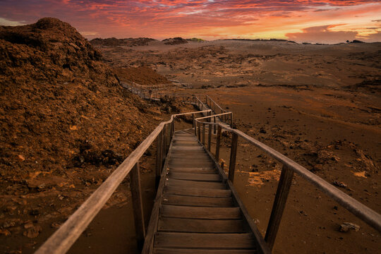 Stairways to heaven:  a very long stairway help tourists to climb a peak on Bartolome Island.