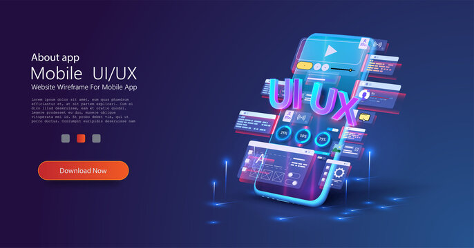 Designer, creator of an individual design of user interface scenes for a mobile UI,UX application. Blue neon design of mobile applications. Smartphone layout with active blocks and connections. Vector