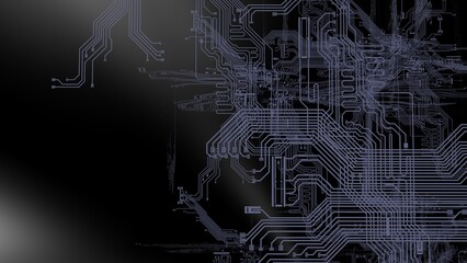 Circuit technology blue line under silver background with hi-tech digital data connection system and computer electronic desing. 3D illustration. 3D CG. High quality rendering.