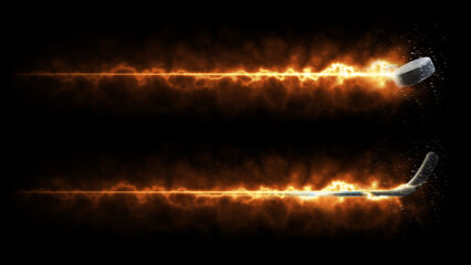 Hockey. Sport. Hockey stick and puck. Flying burning hockey equipment. Isolated in black background