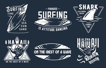 Surf board for summer surfing on the waves collection. Shaka hawaii and shark emblems set