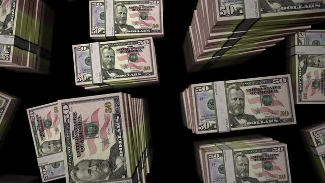 Dollar money pack loop. Flight over USD banknotes stacks top view. 3d loopable seamless animation. Abstract background concept of success, economy, crisis, banking, business, recession, debt, finance.