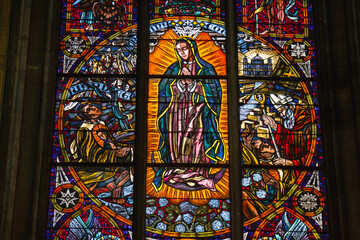 Church vitrage glass, stained glass mandalas. Interior Votive Church, Votivkirche, neo-Gothic...