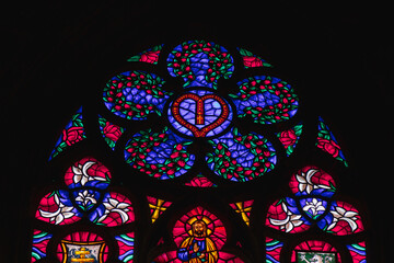 Church vitrage glass, stained glass mandalas. Interior Votive Church, Votivkirche, neo-Gothic...