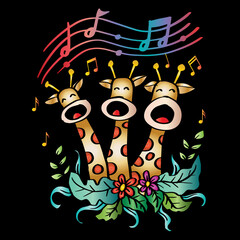 Cartoon cute three giraffe  singing