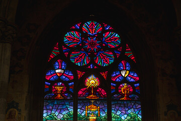 Church vitrage glass, stained glass mandalas. Interior Votive Church, Votivkirche, neo-Gothic...