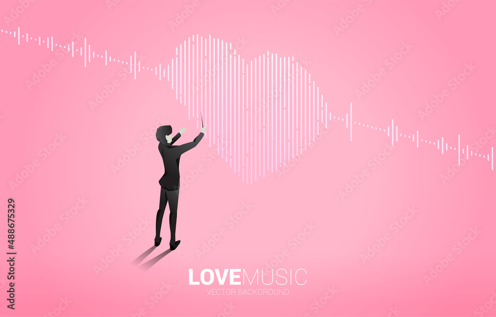 Poster vector silhouette of conductor with sound wave heart icon music equalizer background. love song musi