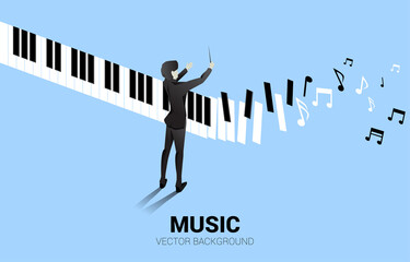Vector silhouette of conductor standing with piano key with flying music note . Concept background for piano concert and recreation. - obrazy, fototapety, plakaty