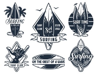 Surf board for summer surfing on the waves collection. Shaka hand and surfboard emblems. - obrazy, fototapety, plakaty