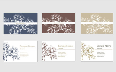 set of business card design templates with hand drawn illustration of peony flowers, for name card, shop card