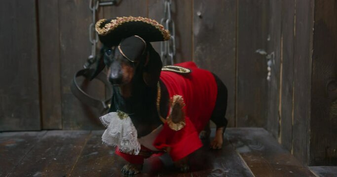 Funny dachshund doggy dressed as pirate in red jacket cocked hat and with eyepatch walks IN wooden cabin of pirate ship closeup