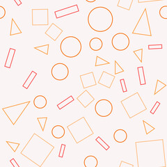 Seamless pattern with geometric shapes. Abstract geometric pattern with orange circles, triangles, squares and pink rectangle. Random, chaotic pastel background with cute confetti.