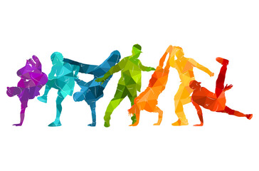 Detailed vector illustration silhouettes of expressive dance colorful group of people dancing. Jazz funk, hip-hop, house. Dancer man jumping on white background. Happy celebration brakedance b boy