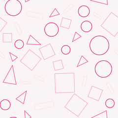 Seamless pattern with geometric shapes. Abstract geometric pattern with pink circles, triangles, squares and rectangle. Random, chaotic pastel background with cute confetti.