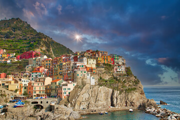 Italy, Manarola colorful streets overlooking scenic shoreline