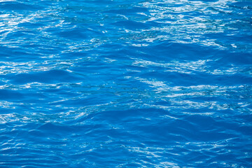 Aqua blue color water surface. Vacation near sea, okean. Vivid, bright ripple texture. Copy space, top view.