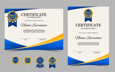 Fototapeta premium Certificate of appreciation template, blue and gold color. Certificate border template with luxury badge. Diploma vector template