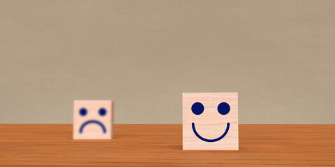 Cube block wooden face good lucky happy smile positive funny and angry sad serious emotion symbol business hr human resource strategy vision opportunity service risk chance successful.3d render