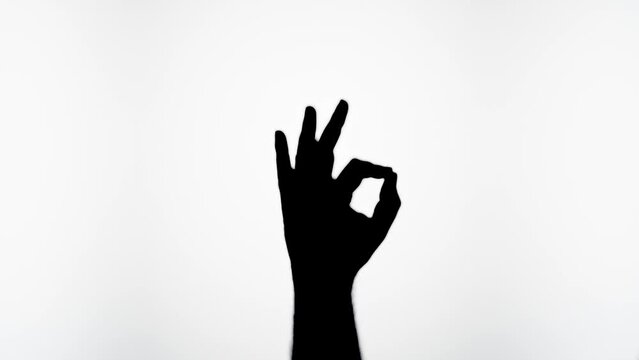 Man showing okay gesture with fingers isolated on white background. Person holding hand shadow silhouette close-up, thumb up.