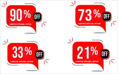 90% off, 33% off, 73% off and 21% off. Label discounts set. Banner with four red balloons with special offers vector.