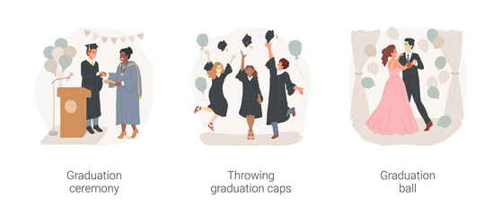 School celebration isolated cartoon vector illustration set. Graduation ceremony, throwing caps, graduation ball, prom party, school certificate, student on stage, tradition vector cartoon.