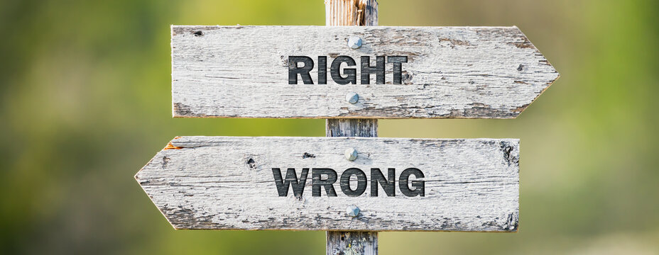 opposite signs on wooden signpost with the text quote right wrong engraved. Web banner format.