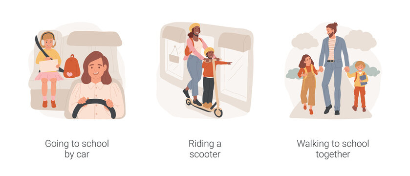 Family daily routine isolated cartoon vector illustration set. Going to school by car, riding a scooter, walking to school together, child on carseat, children with backpacks vector cartoon.