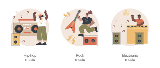 Music preference abstract concept vector illustration set. Hip-hop music, rock and electronic, night club party, outdoor festival, rave culture, DJ set, performance online abstract metaphor.