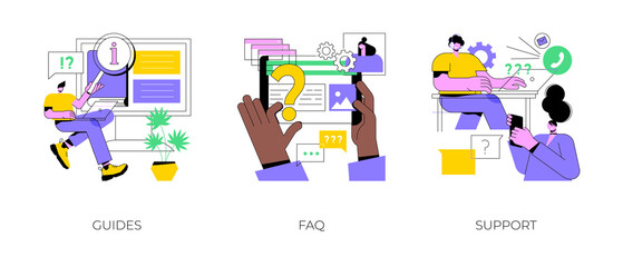 Website menu bar abstract concept vector illustration set. Guides, FAQ and support landing page sections. Company information, user interface, UI element, customer help, contact us abstract metaphor.