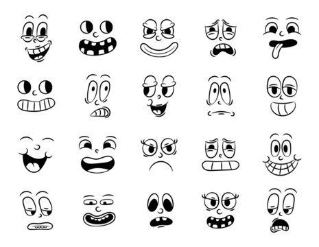 Collection of old retro traditional cartoon animation. Vintage faces of people with different emotions of the 20s 30s. Emoji character expressions 50s 60s. Head faces design elements in comic style