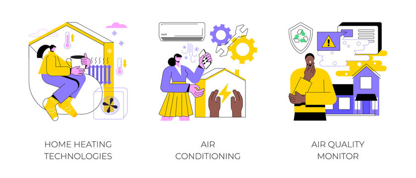 Home automation abstract concept vector illustration set. Home heating technologies, air conditioning and quality monitor, save energy, smart cooling, air filtering, thermostat abstract metaphor.