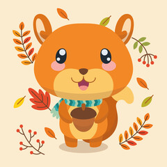 Isolated cute squirrel character holding a nut Autumn background Vector