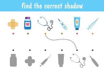 Cute medical items, thermometer, syringe, stethoscope. Find the correct shadow. Educational game for children. Cartoon vector illustration.