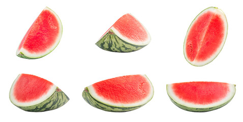 Collection of cut red juicy watermelon isolated