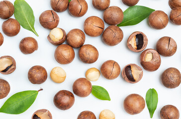 Macadamia nuts with leaves  flat lay